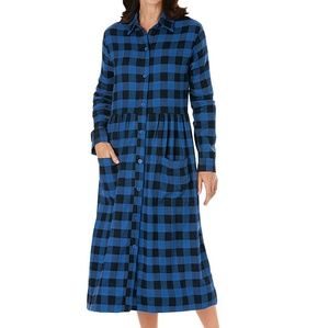 Long Blue Plaid Button Down Dress